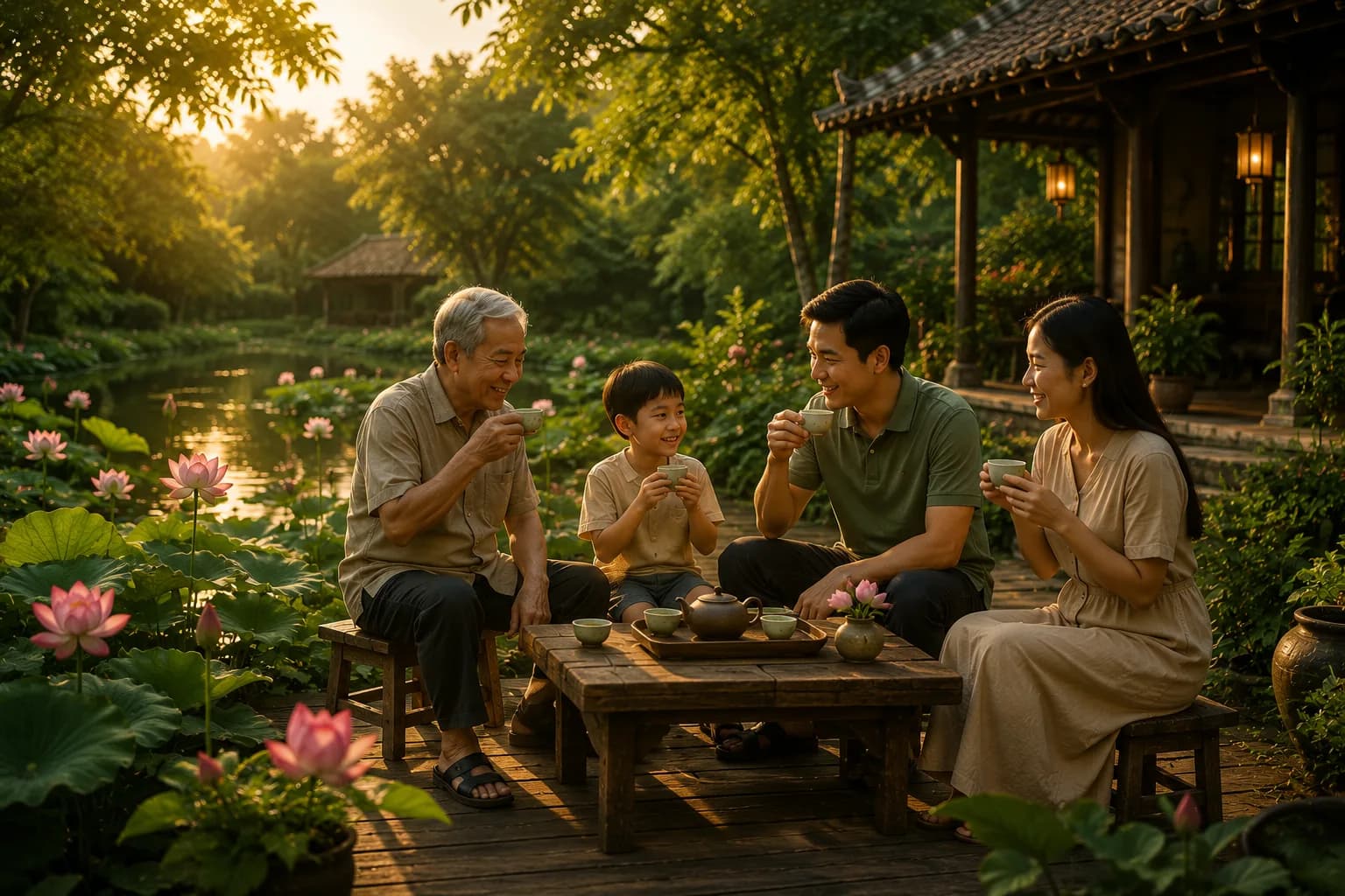 Uống trà bên ao sen