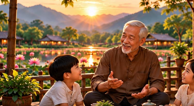 Ông Giáo trò chuyện cùng các cháu